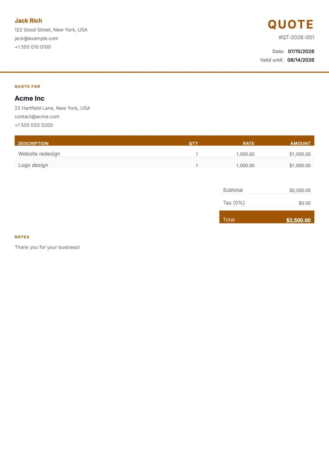 Free quote template — professional PDF price-quote example from Aviy