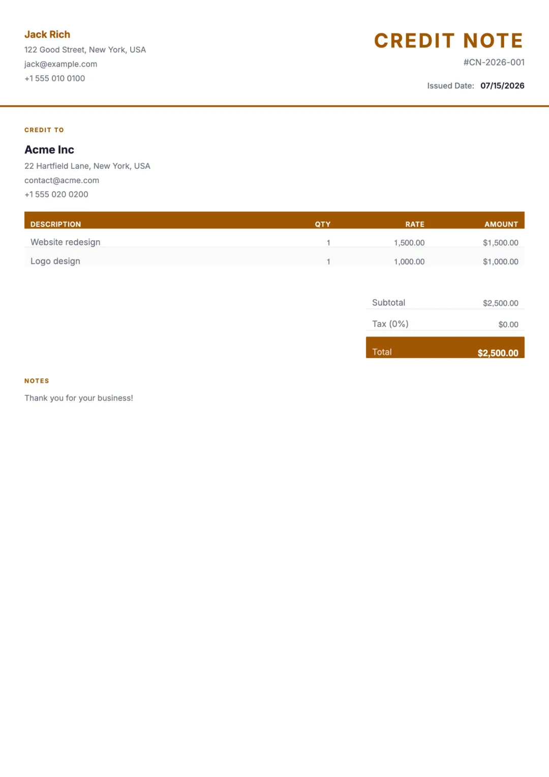 Free credit note template — professional PDF credit-note example from Aviy