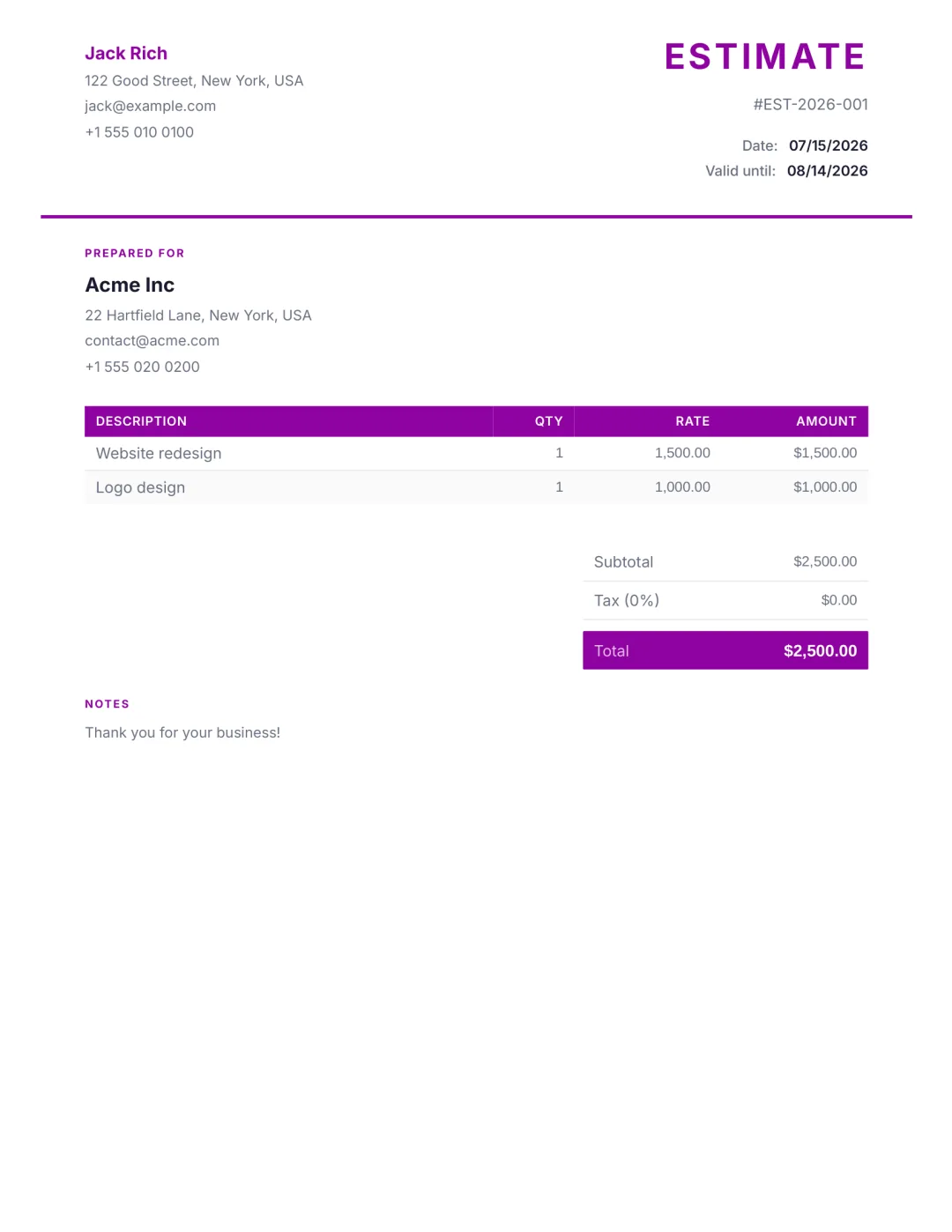 Classic free estimate template — professional PDF estimate example from Aviy