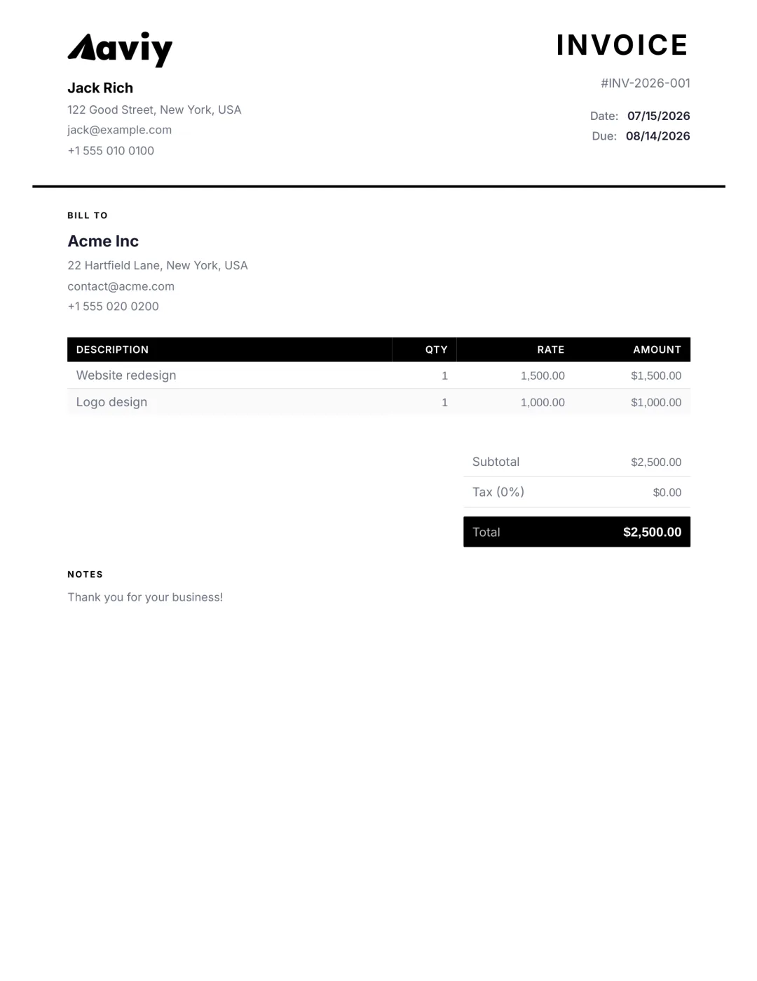 Classic free invoice template — professional PDF invoice example from Aviy