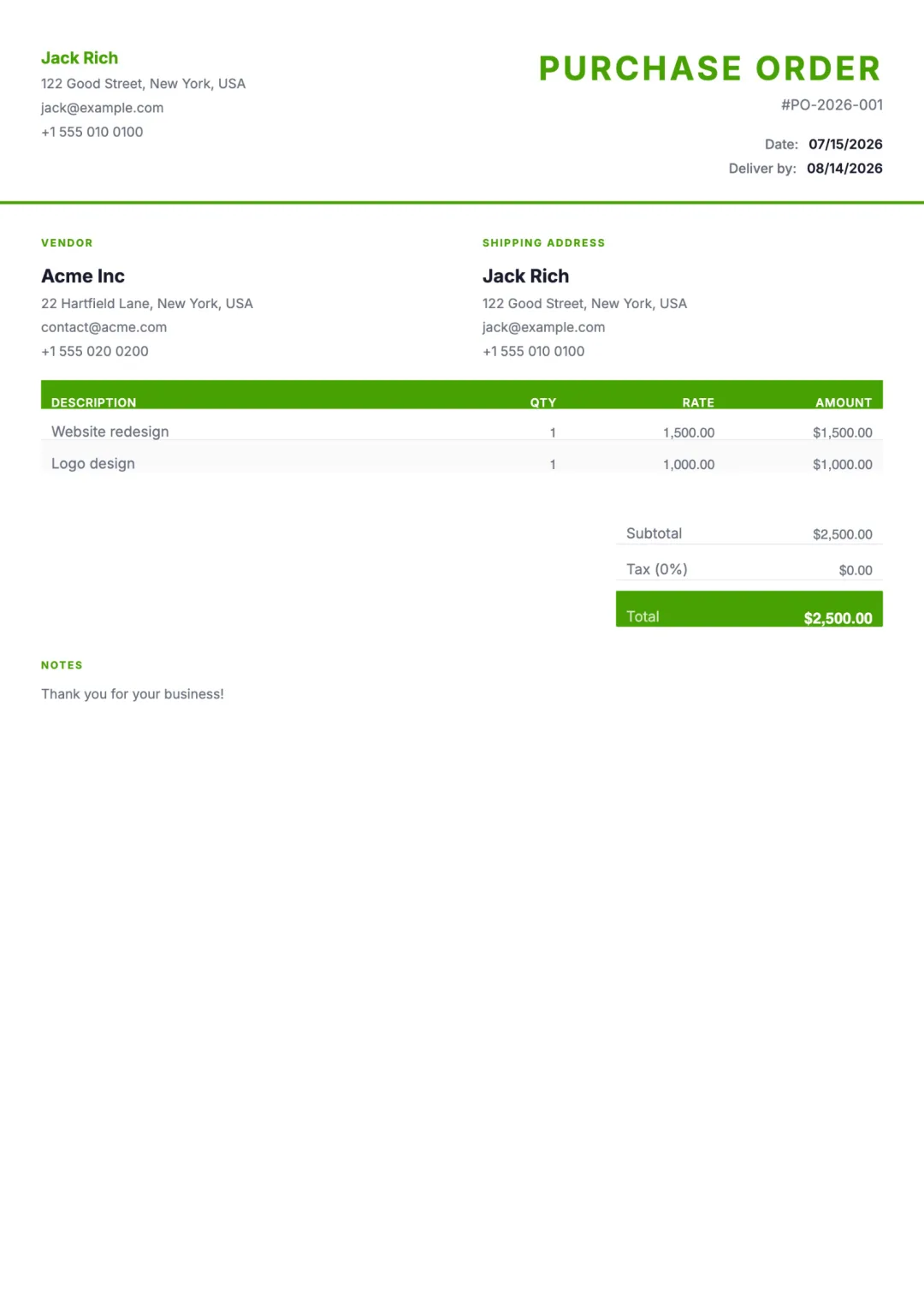 Free purchase order template — professional PDF purchase-order example from Aviy