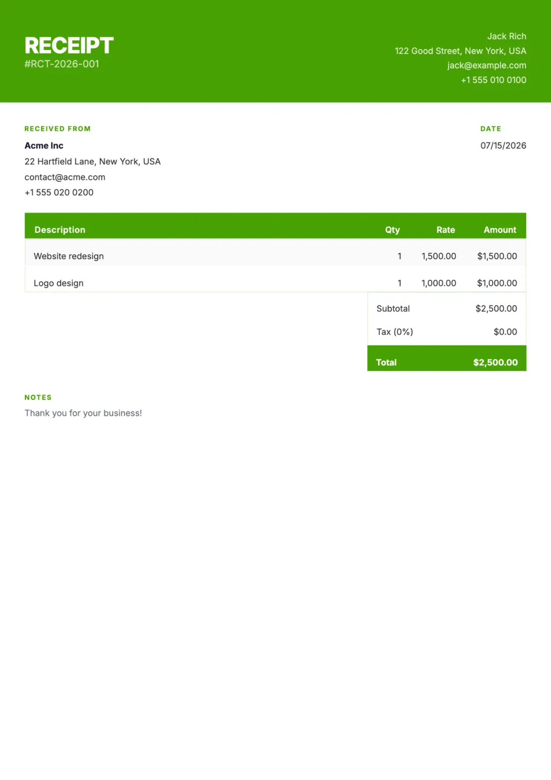 Modern free receipt template — payment receipt PDF example from Aviy